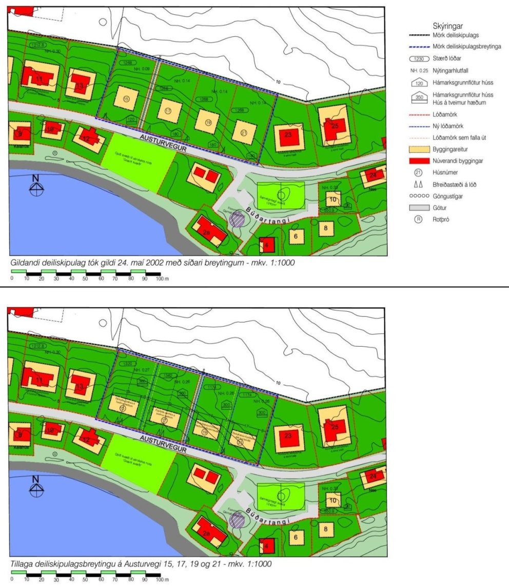 Deiliskipulagsuppdráttur fyrir og eftir