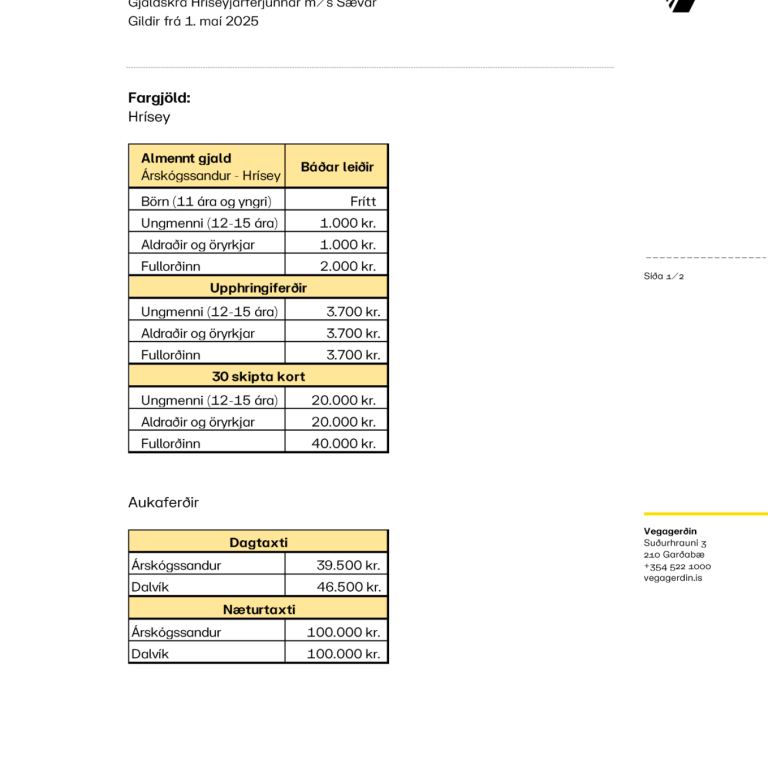 Ný gjaldskrá tekur gildi 1.maí næst komandi.