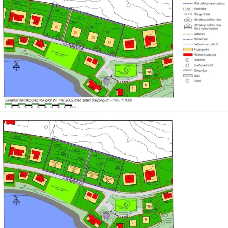Deiliskipulagsuppdráttur fyrir og eftir