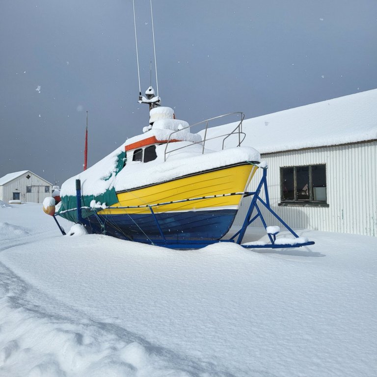 Mars var snjóþungur í Hrísey og er Sæunn orðin hvít